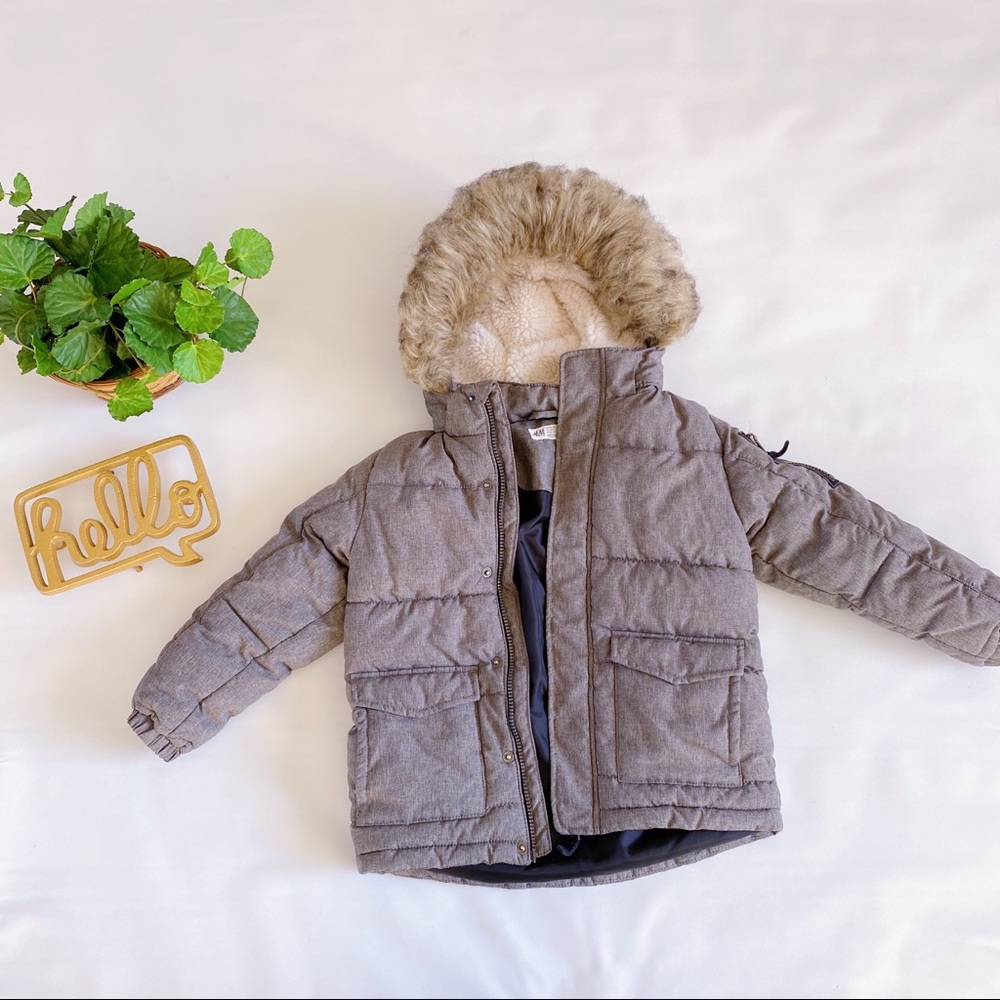 H&M | Boys Padded Winter Jacket Fur Trim Gray 5-6Y